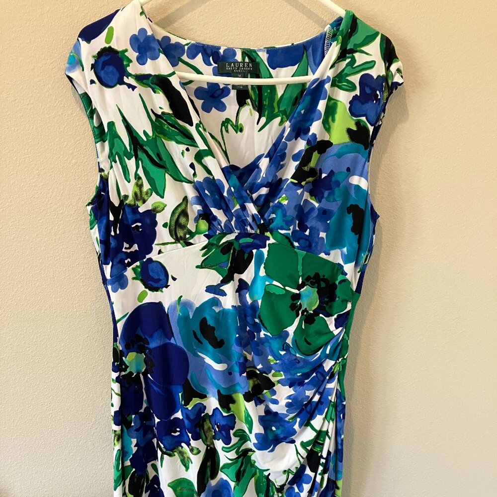 Ralph Lauren Floral Jersey Ruched Dress - Size 14. Blue, green and white.